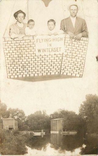 C1910 Rppc Postcard Family In Balloon Basket Over View Of Winterset Ia Mill Pond