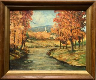Mid Century 1956 England Fall Autumn Landscape Oil Painting Signed