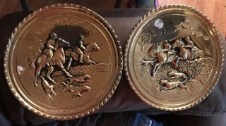2 Vintage Decorative Metal Brass Plates Wall Hangings Made In England Fox Hunter