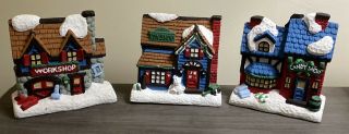 Set Of 3 Ceramic Christmas Village Shops.  Work Shop,  Toy Shop And A Candy Shop.
