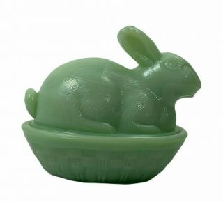 Vintage Green Jadeite Glass Rabbit Nesting On Basket Candy Trinket Dish
