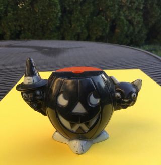 Vintage Rosbro Halloween Plastic Candy Container Witch Cat Pumpkin