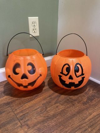 Vintage Halloween Pumpkin Candy Buckets Set Of Two Blow Mold