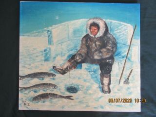 Mona Thrasher Inuit Painting Ice Fishing 17x19 " Eskimo