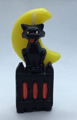 Vintage Gurley Halloween 3.  5” Candle Figurine Black Cat On Fence Crescent Moon