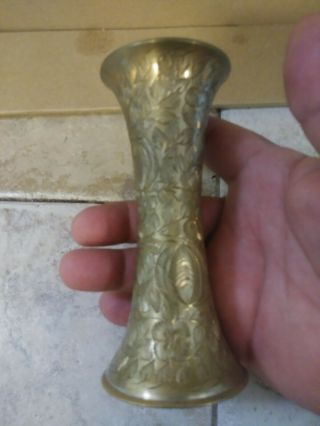 Vintage Solid Brass 5 " Tall Ornate Etched Vase