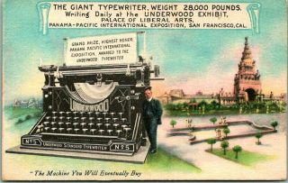 1915 Ppie San Francisco Ca Expo Postcard Giant Underwood Typewriter Advertising