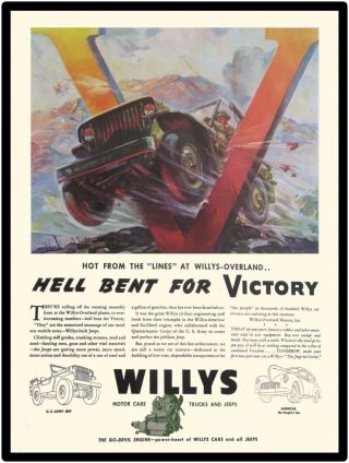 1945 Willys Jeep 12 " X 16 " Metal Sign: Hell Bent For Victory - Ww 2