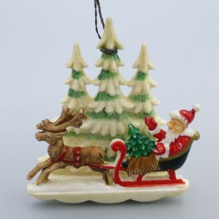 Vintage Hard Plastic Santa In Sleigh Reindeer Diorama Christmas Ornament Germany