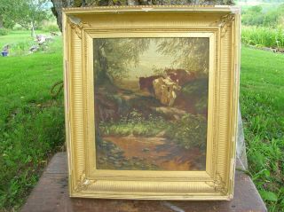 19th Century Oil On Canvas Landscape Painting W/ Cows