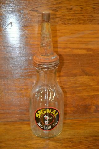 Vintage Style Signal Heavy Duty 1 Quart Glass Oil Bottle W Spout & Dust Cap