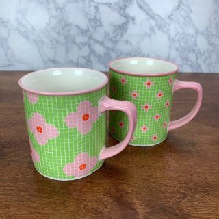 Set Of 2 Starbucks Barista Mosaic Green Tile Pink Flower Coffee Tea Cup Mug 16oz