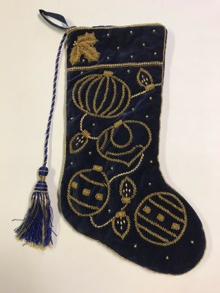 Vintage Plush Blue Velvet Christmas Stocking Gold Beaded Ornaments Holiday Decor