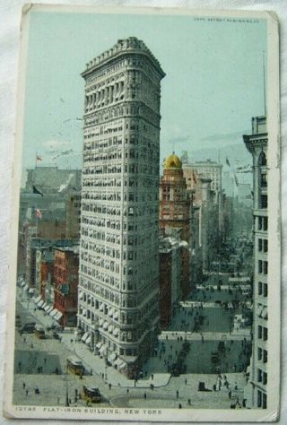 Old Vintage Postcard Flat Iron Building York City Nyc Street Usa Posted 1923