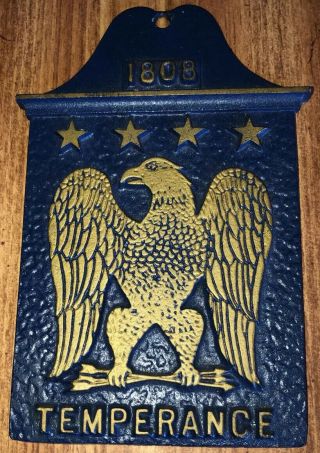 Vintage Blue Cast Iron 1808 Temperance Eagle Metal Plaque Made In Usa