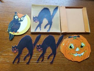 Vtg Dennison Halloween Arched Back Black Cat Gummed Silhouettes H660 Owl Pumpkin