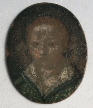 16th Or 17th Century Portrait Miniature On Copper W/ Engraved Back Elizabeth I ?