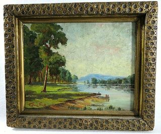Listed Artist Edwin Slick Signed Oil Painting On Canvas River Bank Scene