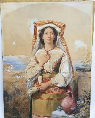19th C.  Large Watercolor Painting Of Italian Woman With Wool Spindle - Signed