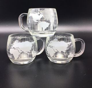 Vintage Nestle World Globe Atlas Frosted Etched Glass Coffee Cup Mug Set Of 3