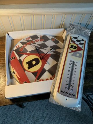 Dunlop Racing Race Car Tires 14 " Round Metal Advertise Clock And Thermometer