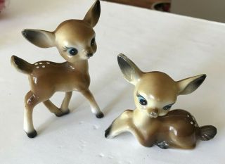 2 Vintage Hard Plastic Deer Figurines Bambi Big Eyes Fawn