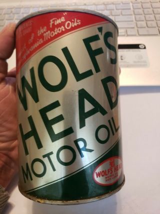 Vintage Wolf ' s Head Motor Oil Can Quart QT METAL TIN Empty 3
