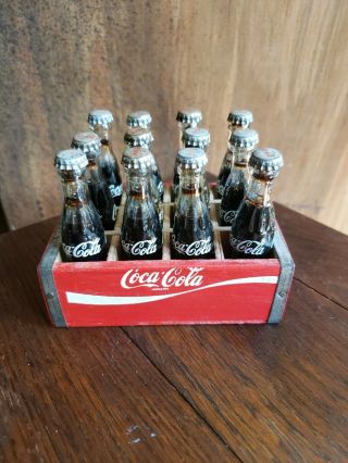 Vintage Coca Cola Coke Miniature 12 Glass Bottles,  Caps,  Wood Case