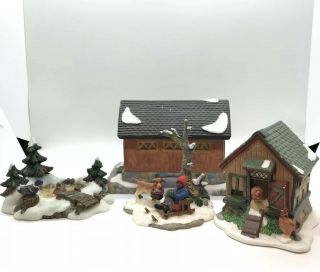 O’well Christmas Village Accessories Set Of 4 - Covered Bridge,  Duck Pond,  Coop