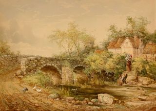 Henry Murray 19th C.  British Watercolor Landscape Painting Fetching Water