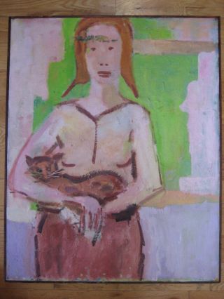Large Abstract Expressionist Oil Painting Woman Cat Primitive Folk Art Novak Old