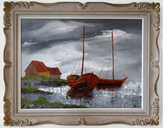 1972 Signed Sailboat Nautical Abstract Oil Painting Mid - Century Modern Eames Era
