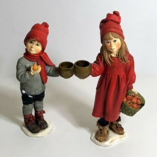 Candy Design Norway Apple Girl Boy Candle Holder 10 " Ceramic Christmas Decor
