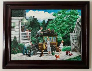 William C Bell 1974 Bill Bell Oil Painting - Family Dogs Old Car Outing