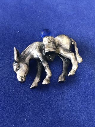 Vintage Pewter Miniature Donkey Figurine W/ Blue Stone (f)