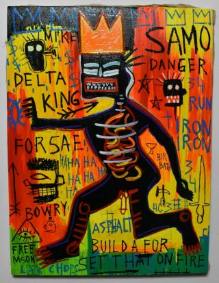 Wonderful Painting J.  M.  Basquiat.  Oil On Canvas.  Signed.  80s