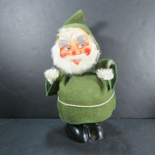 Vintage German - Green Burlap Santa Claus Candy Container Nodder Bobble Head