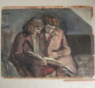 1949 Bulgarian Impressionist Painting Women Reading Mystery Signed Cultural Seal