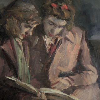 1949 Bulgarian Impressionist Painting Women Reading Mystery Signed Cultural Seal 3