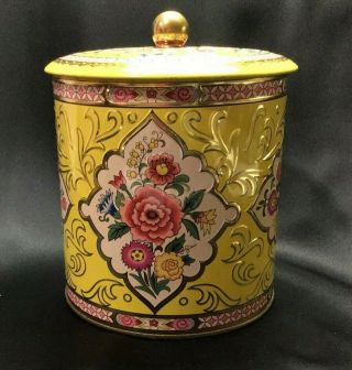Bright Yellow Floral Tin From England Designed My Damer Long Island N.  Y.  11101