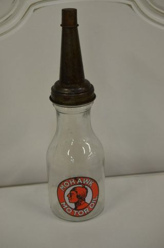 Vintage Style Mohawk Motor Oil 1 Quart Glass Oil Bottle W Spout & Dust Cap