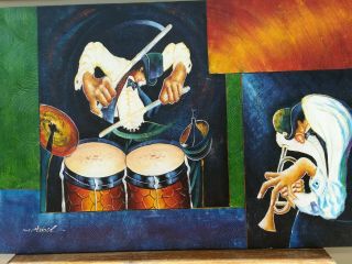 Signed M.  Harold Vintage Oil On Canvas Jazz Drummer Trumpet Music Large