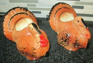 2 Vtg Napcoware Napco Ceramic Thanksgiving Turkey Planters Vase Matching Pair