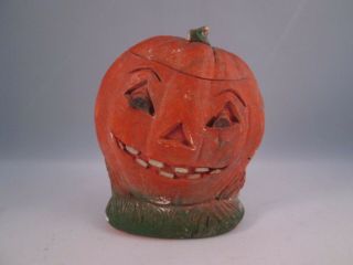 Early Antique Chalkware Decor Halloween Jol Jack - O - Lantern Vtg Plaster Pumpkin