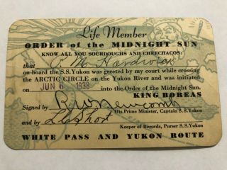 1938 Life Member Card White Pass And Yukon Route