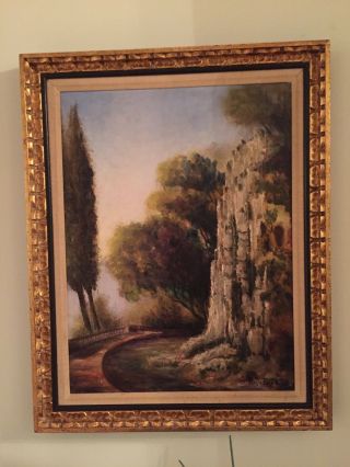 Vintage France Landscape Oil On Board With Gold Leaf Wood Frame Signed R.  J.  Bizet