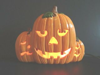Halloween 3 Pumpkin Jack O Lantern Plug - In Ceramic,  2 Side Choices,  Light Up Ec