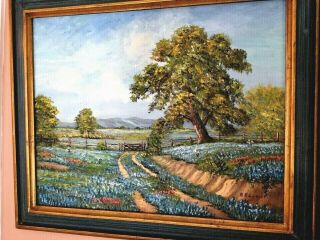 A Oil On Canvas Painting Of Texas Bluebonnets Landscape Signed & Framed
