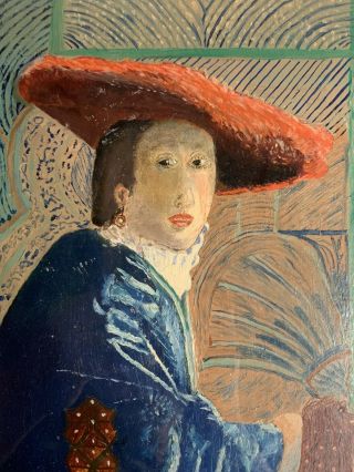 American Folk Art Painting Girl With A Red Hat After Johannes Vermeer Ca 1890s