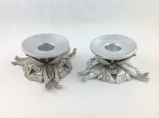 Vintage Hammered Aluminum Candle Holders With Floral Bottom